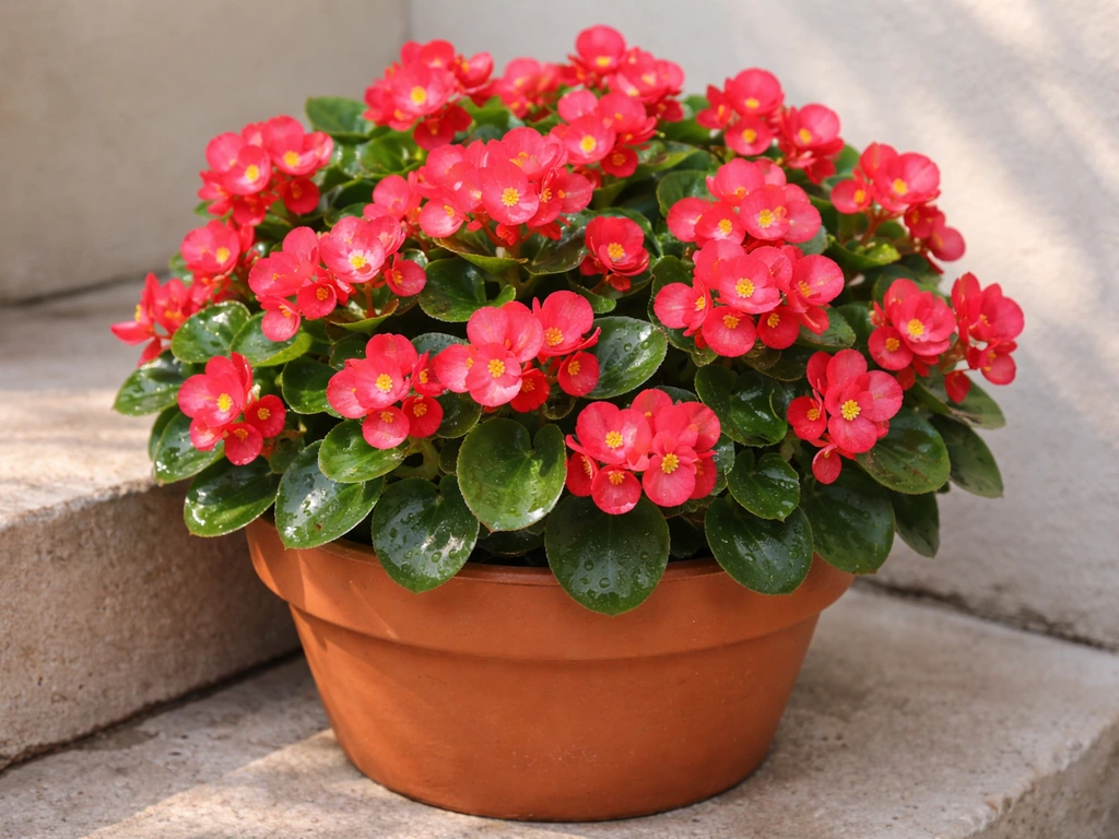 Vibrant begonia semperflorens blooming in a tidy terracotta container outdoors