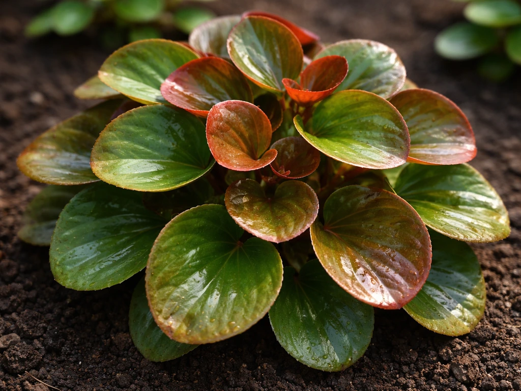 Close-up of compact wax begonia with waxy rounded green and bronze leaves in natural light.
