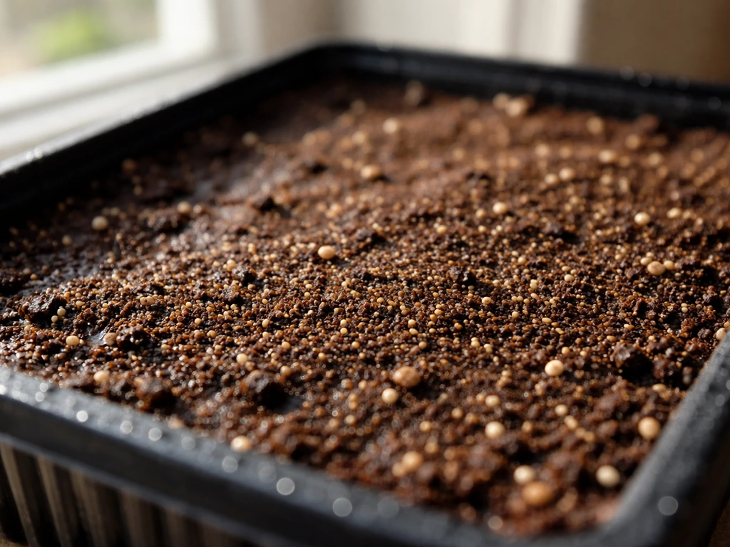 Close-up of moist seed-starting mix with tiny begonia seeds resting on top under bright light