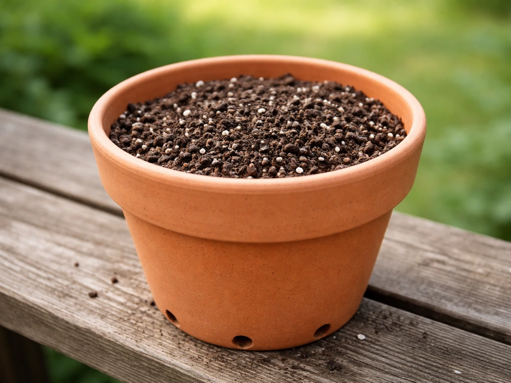 Close-up of a terracotta container with a well-draining potting mix showing airy texture and drainage holes.