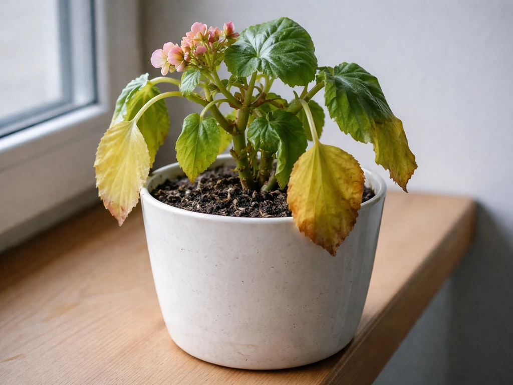 Wax begonia with drooping stems and yellowing leaves in a cool room, hinting cold stress