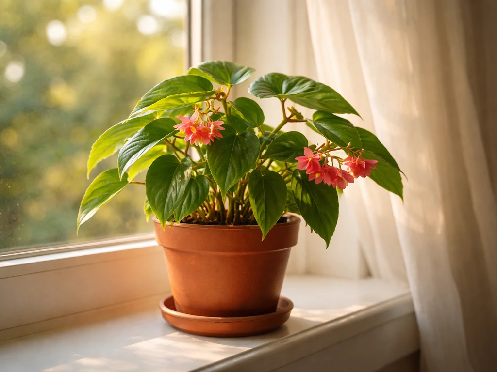 Red-pink Dragon Wing begonia on a sunlit windowsill with warm light showing ideal indoor conditions.