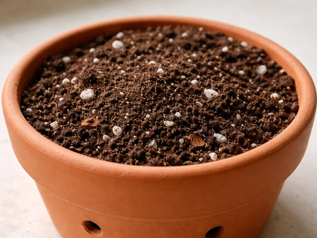 Close-up of a terracotta pot with drainage holes filled with loose, well-draining potting mix.