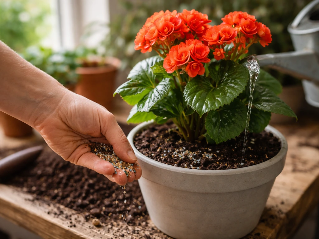 A gardener hand applies fertilizer to the soil of a blooming begonia in natural light.