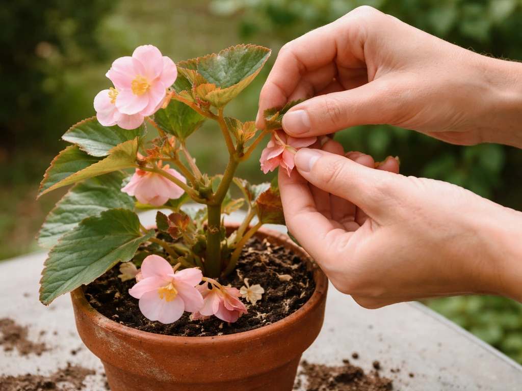 Hands pinching back leggy stems on a flowering begonia in a small pot