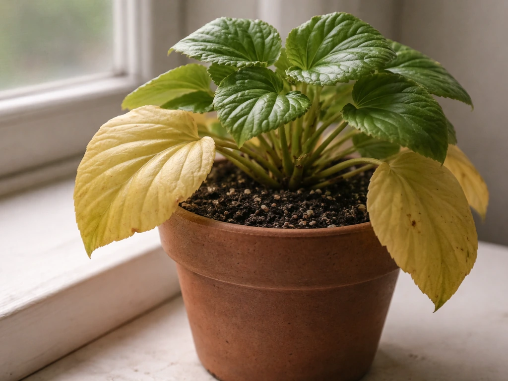 Begonia with soft yellow lower leaves and visibly damp soil in a simple pot by a window.