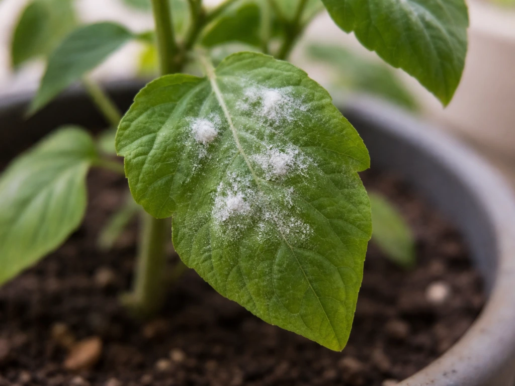 Close-up of a green plant leaf with early white powdery mildew patches on the surface.