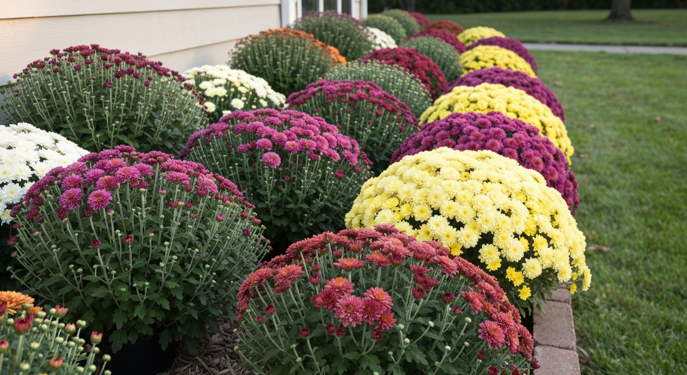 Raised bed of mounded garden mums in full fall bloom.