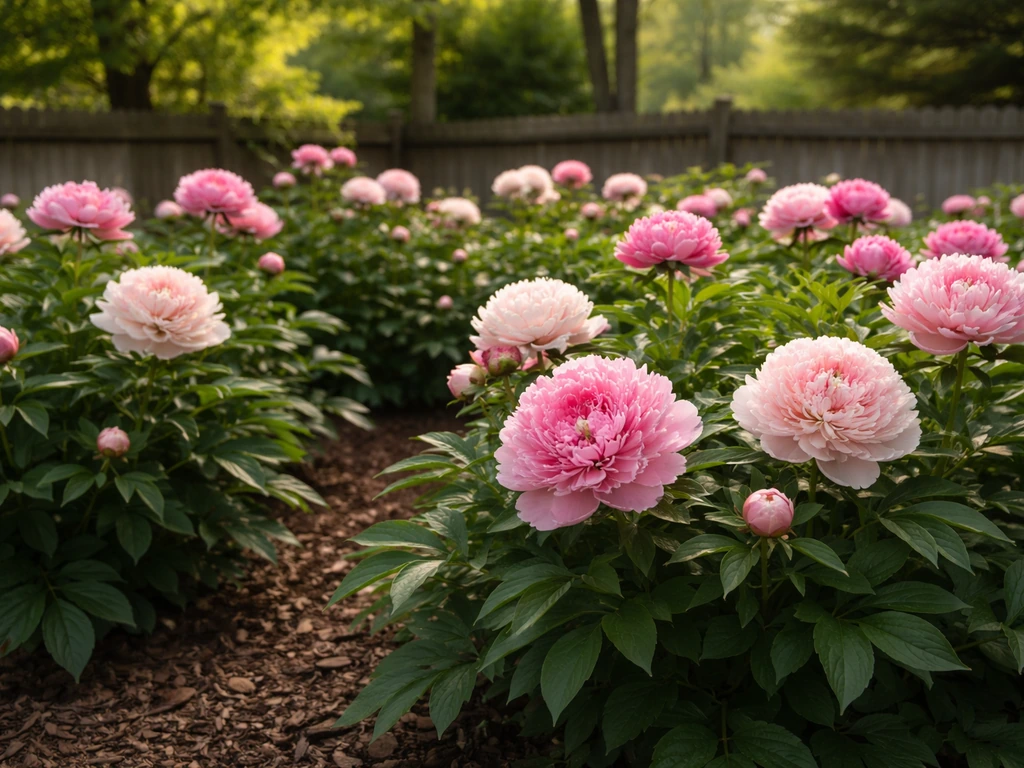 Lush peony bed in a Canadian-style garden with healthy pink blooms and leafy green plants