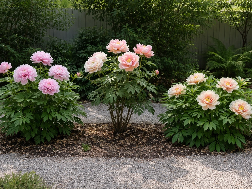 Three peony types in a Canadian garden: herbaceous, tree, and Itoh in distinct blooms