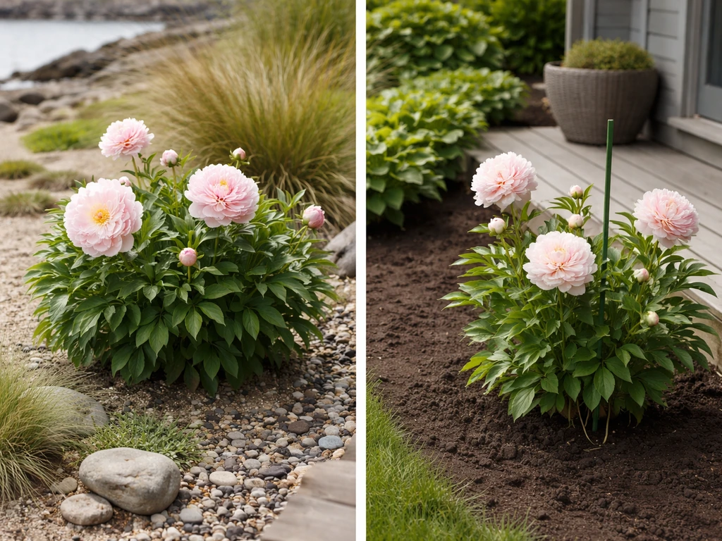 Peony garden scene with a coastal bed and sheltered patio, showing two planting conditions in Canada.