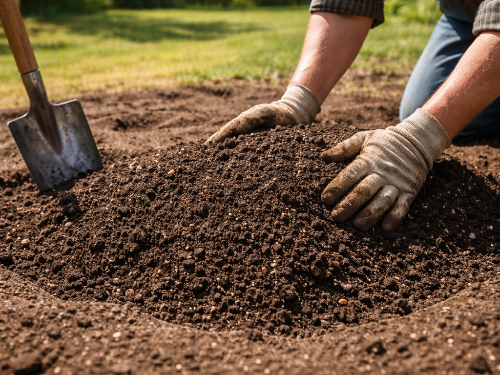 Gardener’s hands preparing a raised soil mound in sunny garden soil, showing drainage-first site prep.