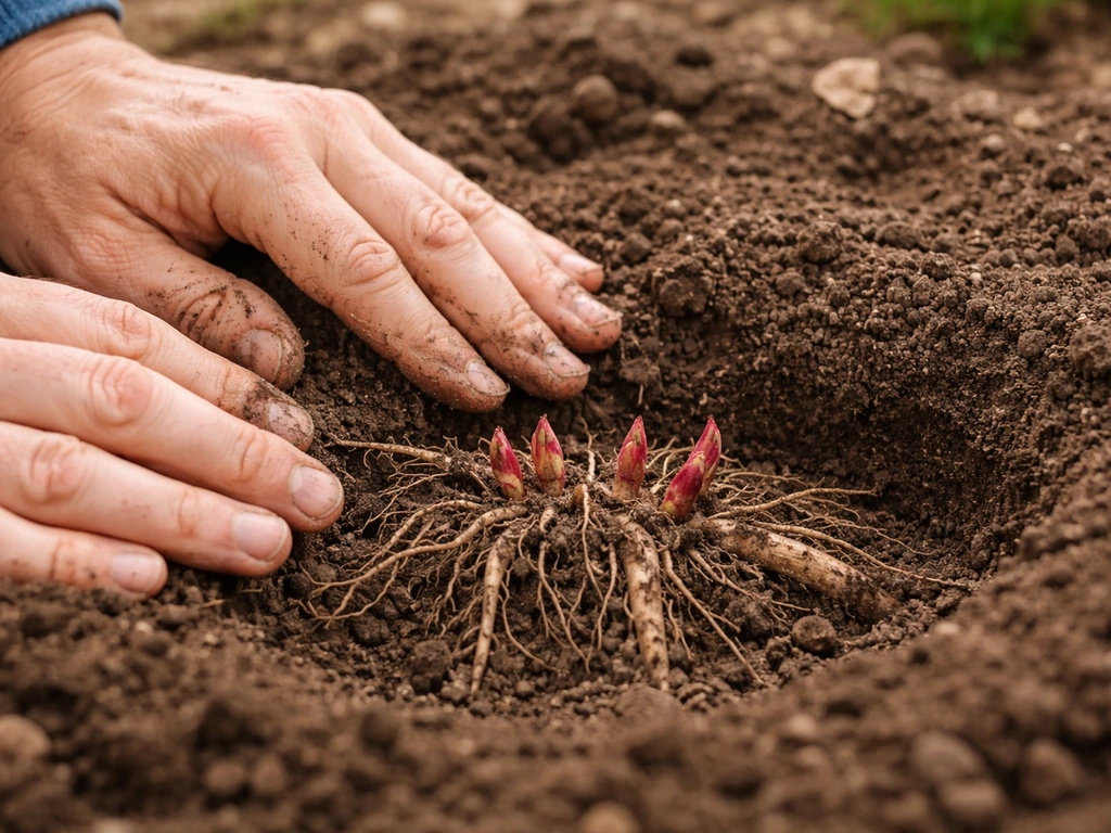 Close-up of peony crown with reddish eyes placed just below soil surface during planting