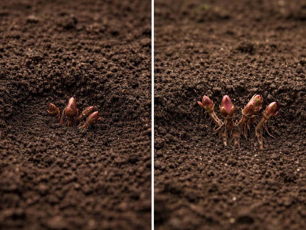 Two cutaway views showing a peony crown planted too deep versus properly at the soil surface
