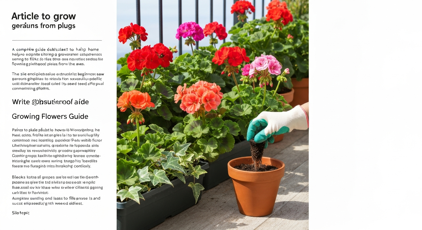 Sunny patio with pots of blooming geraniums and a hand planting a plug into a terracotta pot.