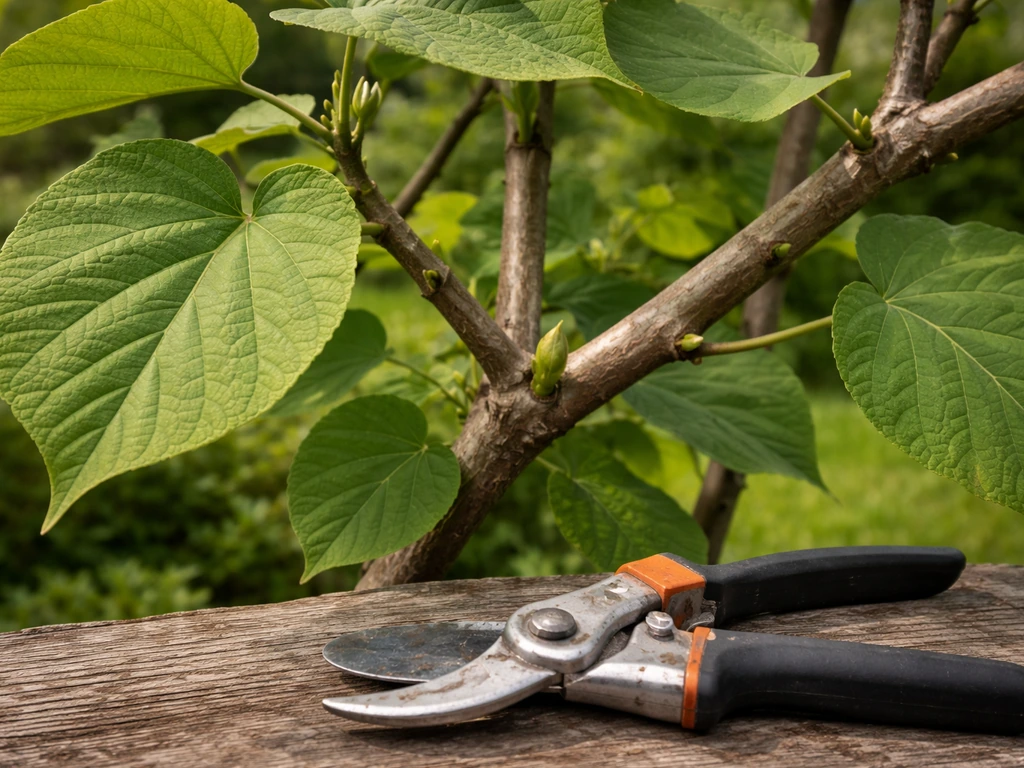 Close-up of paulownia leaves and branches with a hand-held garden pruner beside them