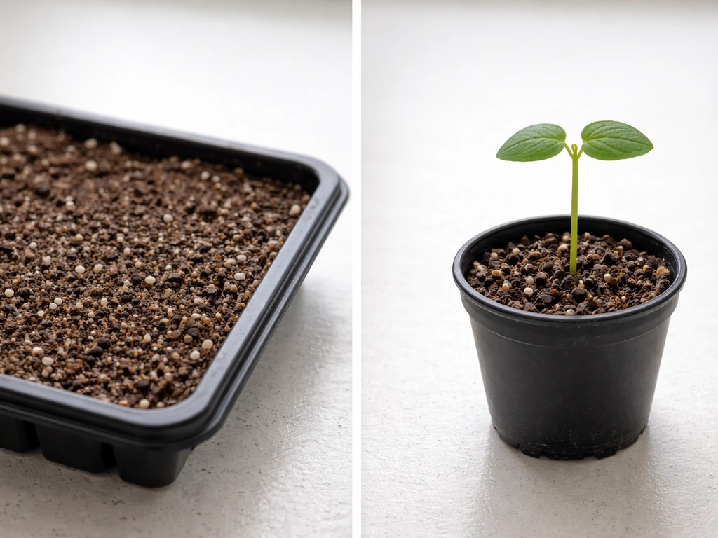 Tiny paulownia seeds on moist seed-starting mix beside a small nursery seedling in a pot.