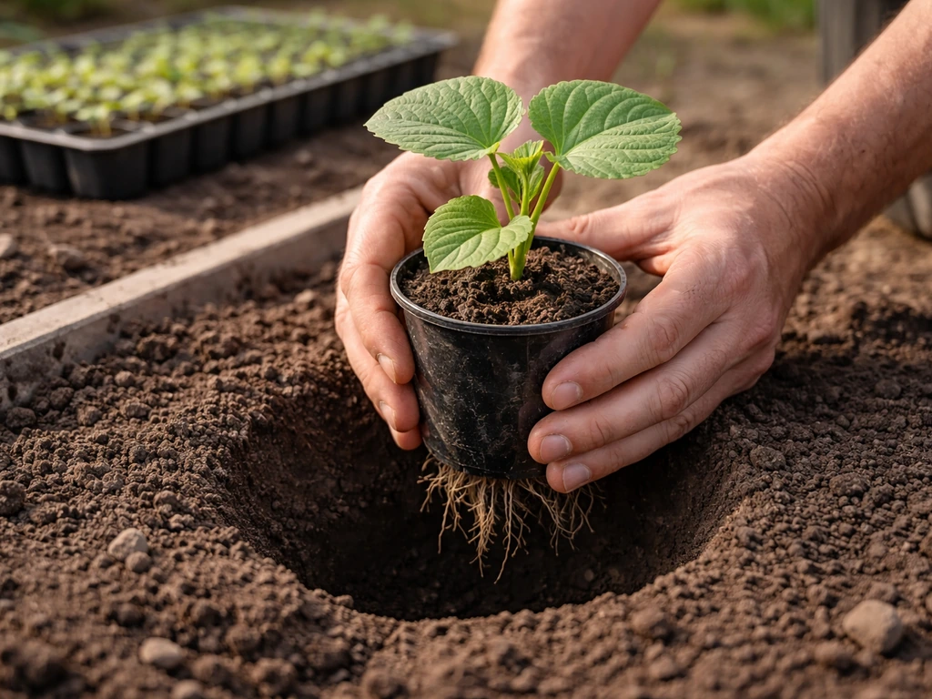 Hands lowering a small potted paulownia seedling into a prepared hole in soil