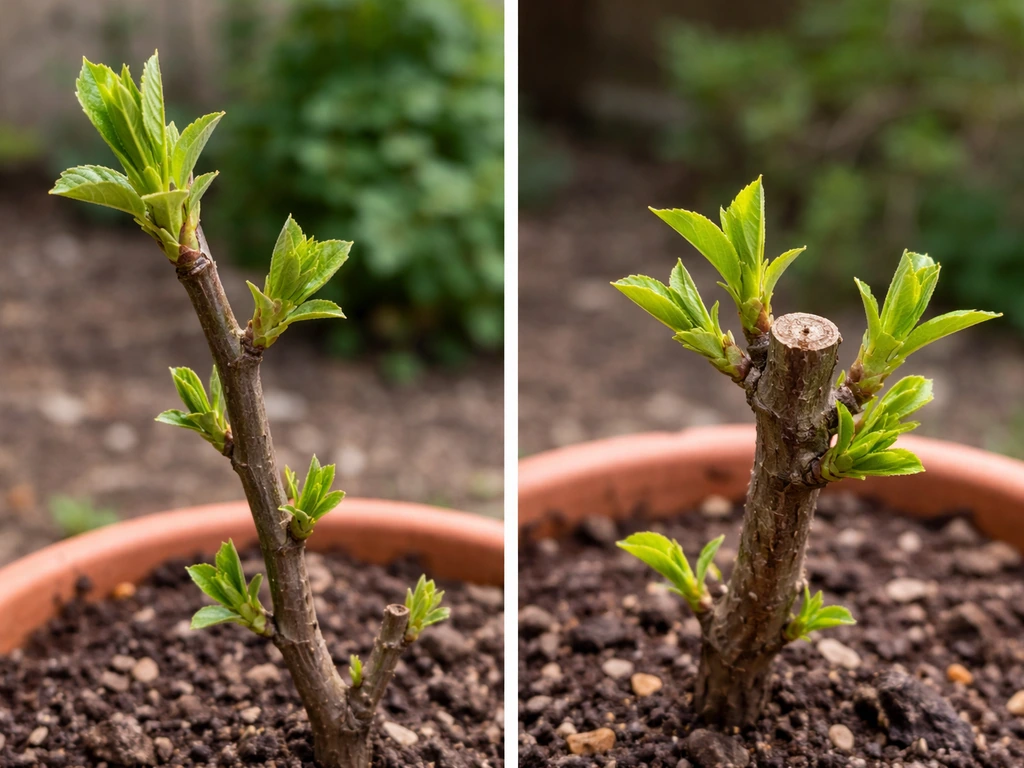 Two small branches on a plant stem showing natural growth vs a hard cut with fresh regrowth shoots.