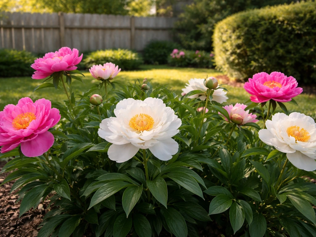 Vibrant peony blossoms blooming in a backyard garden with a fence and hedge in soft spring light.