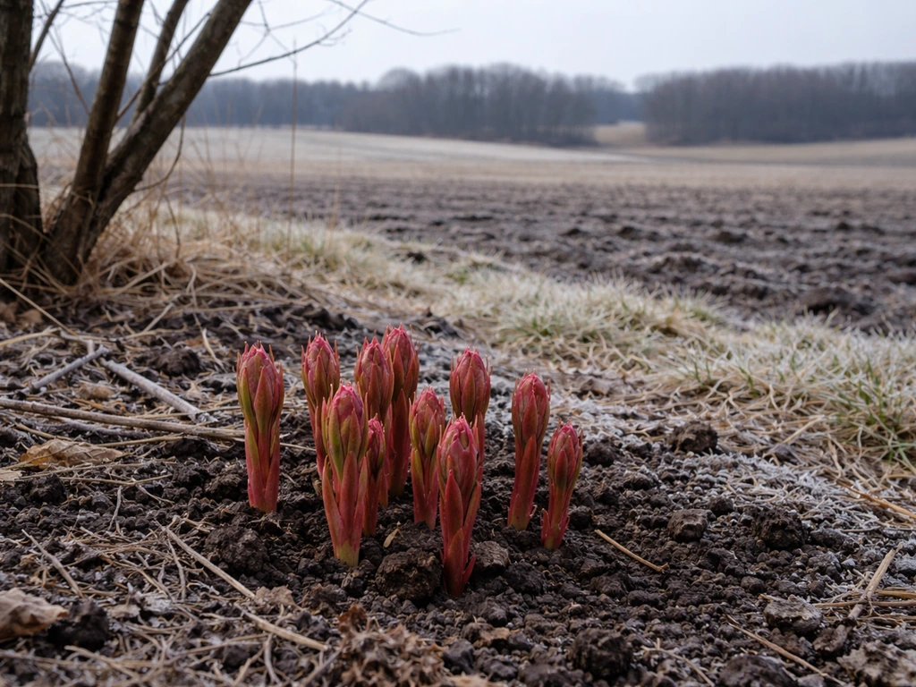 Minimal photo of Ohio landscape with bare winter branches and a small peony sprig, symbolizing dormancy and zone-ready g