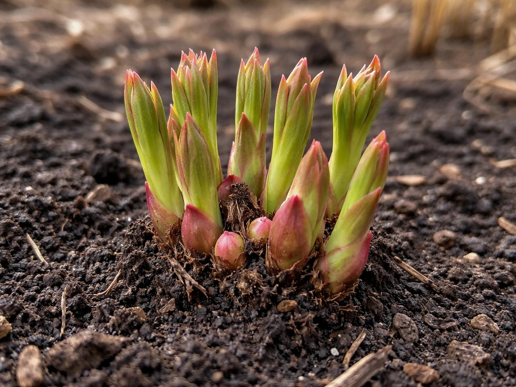Close-up of a herbaceous peony crown showing fresh spring shoots emerging from soil.