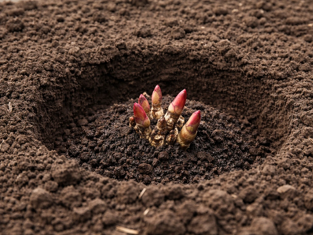 Herbaceous peony planting depth close-up with crown eyes placed correctly just below the soil line.