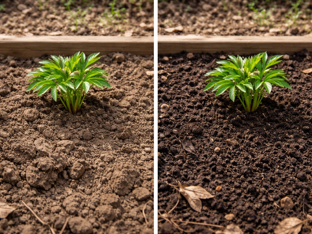 Split view of a peony planting bed: unamended clay soil versus amended compost-rich soil after improvement.