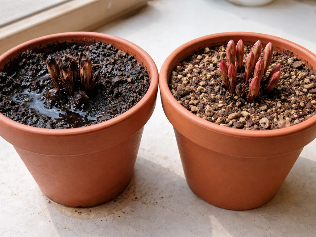 Two peony pots side by side: left shows a blackened rotting crown, right shows a healthy crown in dry soil.