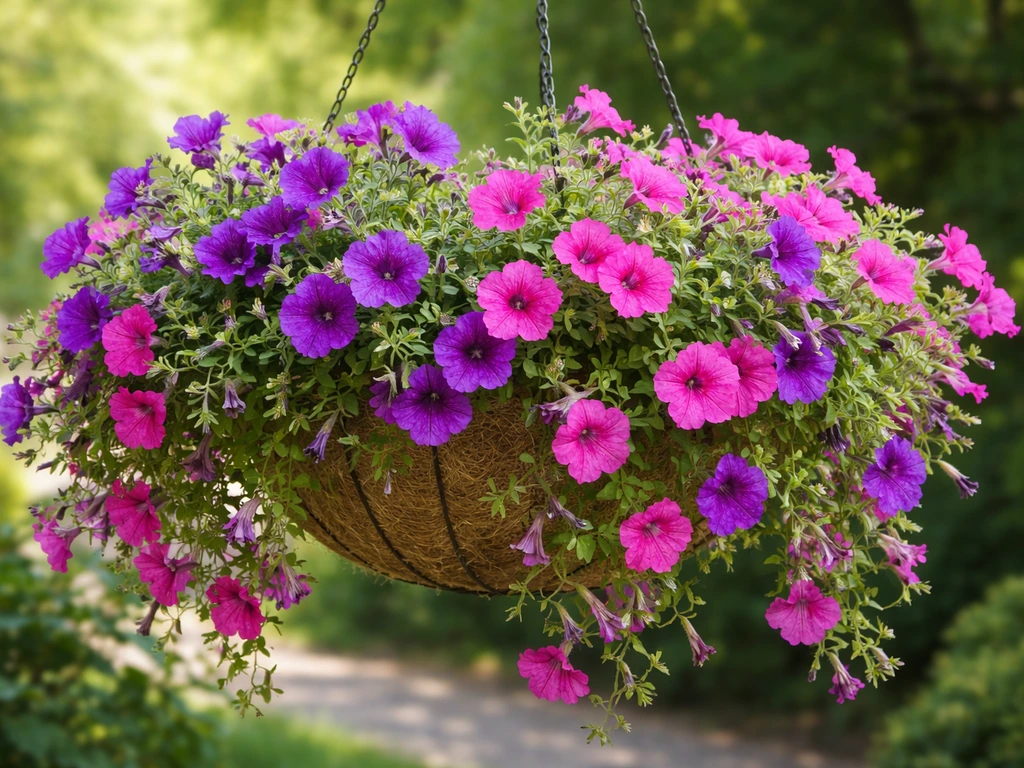Vibrant Surfinia petunias overflowing from a hanging basket with trailing blooms in natural light.