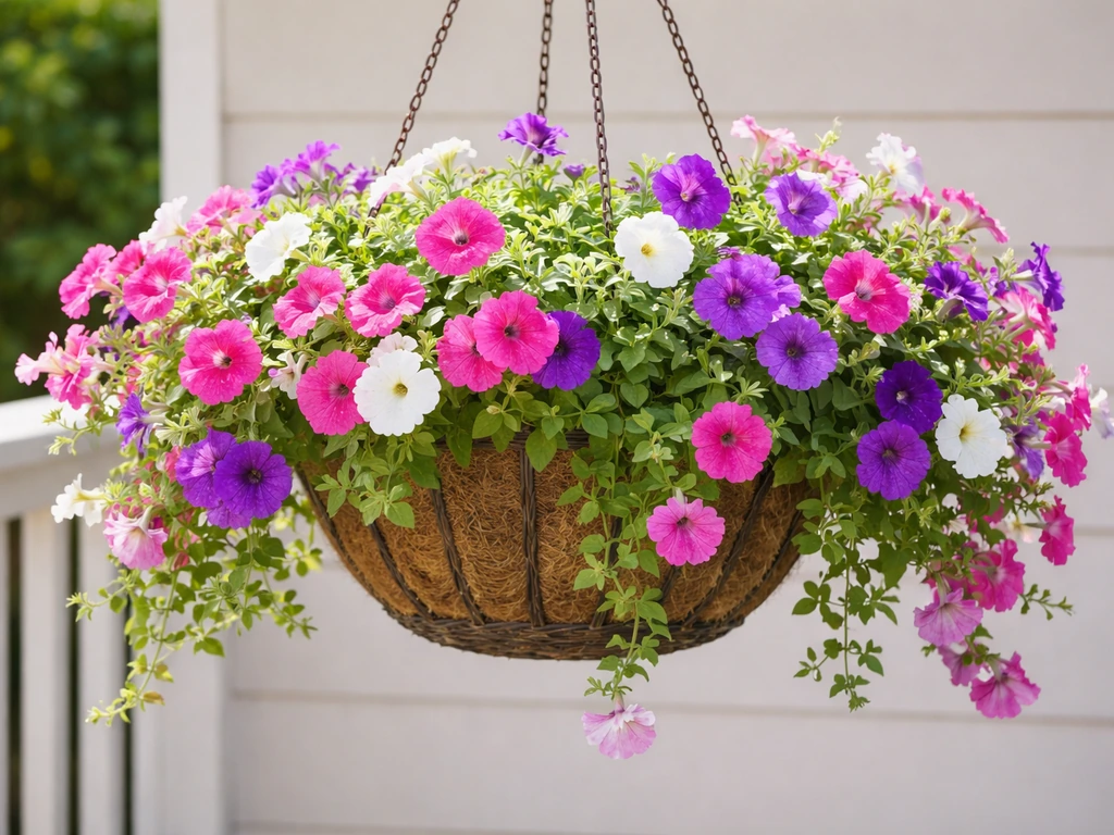 Trailing Surfinia-style petunias in a full-sun hanging basket with visible drainage-safe container