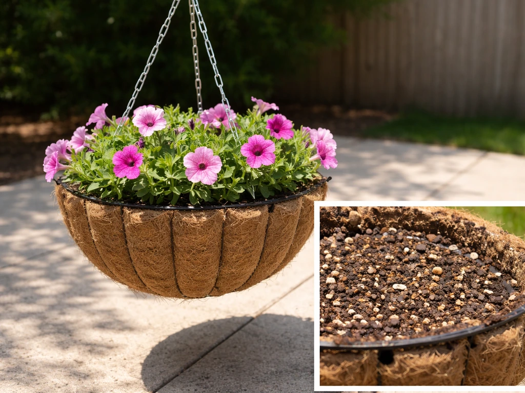 Sunlit hanging basket with well-draining potting mix and visible drainage holes for spacing