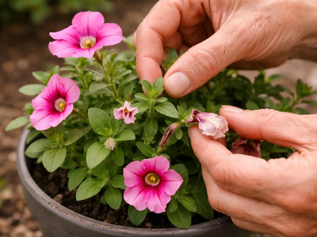 Gardening hands pinch new growth and remove spent blooms on a potted flowering plant.
