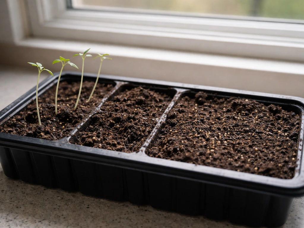 Leggy stretched seedlings and a shallow-sown seed tray in bright window light.