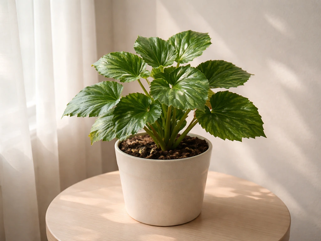Begonias in a bright spot near a sheer-curtain window with compact, healthy leaves and stems