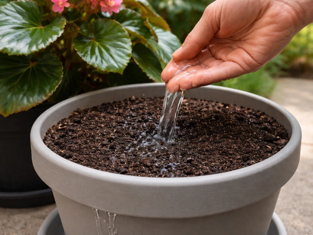 Hand watering a large begonia pot until water drains, with soil surface drying visibly after.