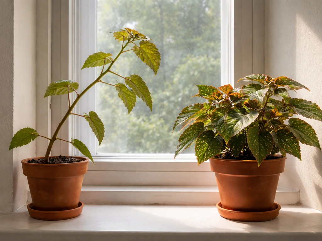 A begonia leaning toward a window, showing weak, spaced growth compared with a fuller plant nearby.