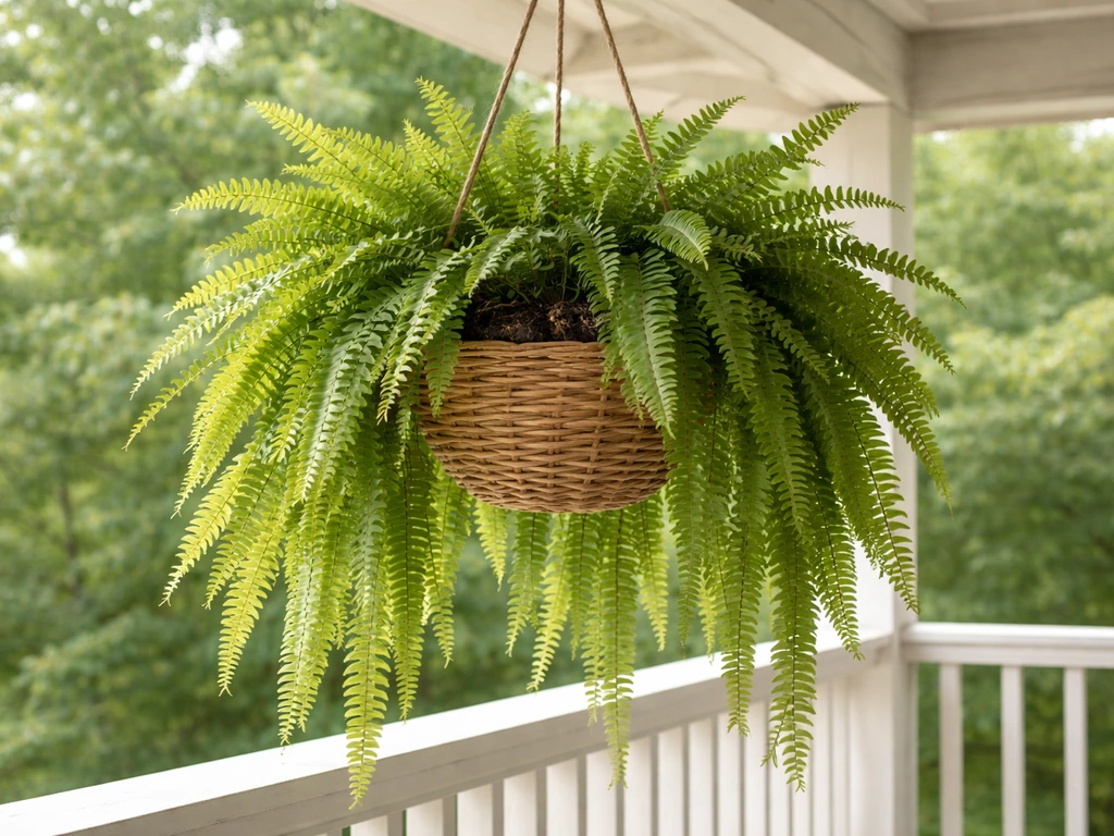 Lush Boston fern cascading from a hanging basket on a bright porch in indirect light