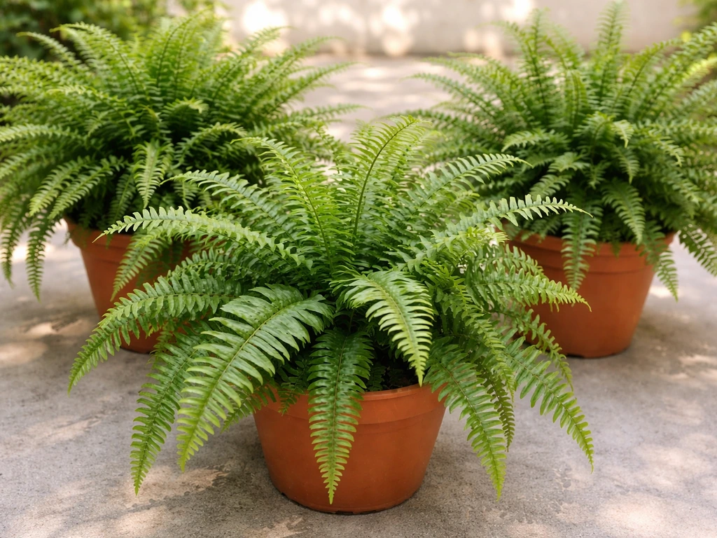 Close-up of Boston fern fronds beside two other lush ferns suitable for hanging baskets