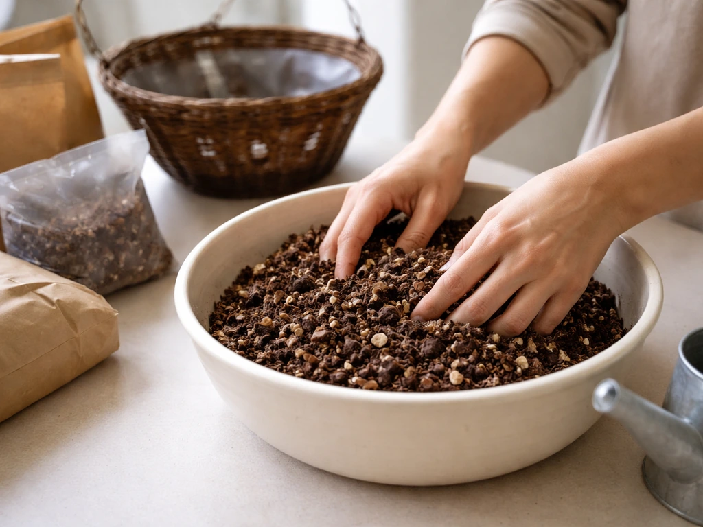Mixed fern potting mix in a bowl with airy texture beside a container and drainage holes.