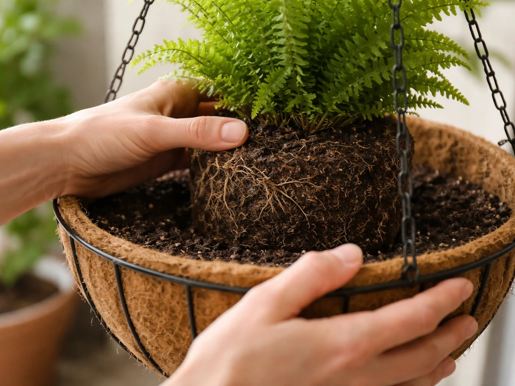 Hands placing a Boston fern root ball into a hanging basket on potting mix, showing correct height.