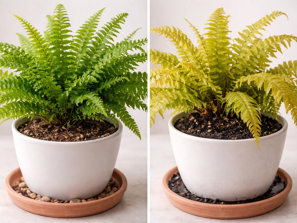 Split view of Boston fern: healthy green fronds on left, yellow limp fronds on right with soggy soil.