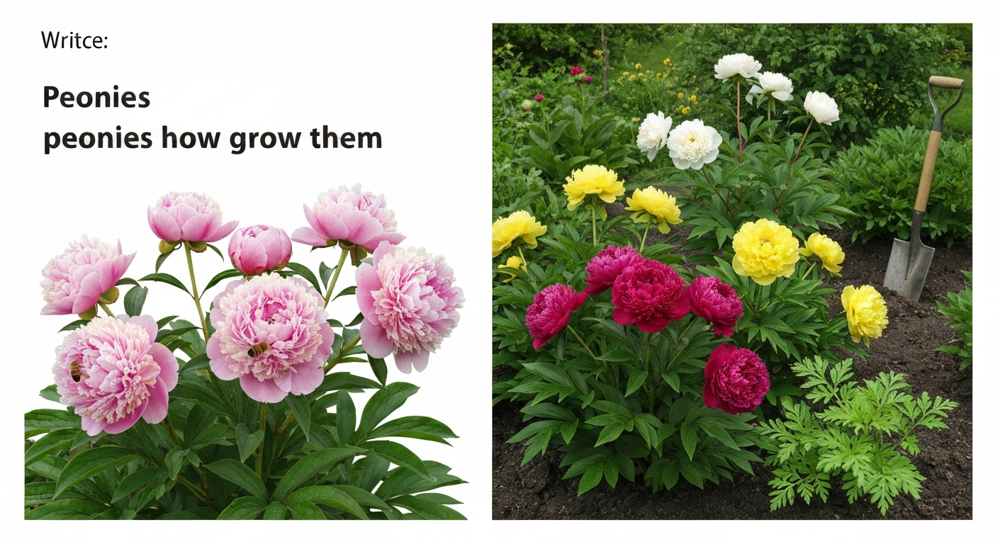 Spring garden scene showing several peony types: pink double herbaceous, deep-red herbaceous, yellow Itoh, white tree peony and a fern‑leaf peony, in natural morning light.