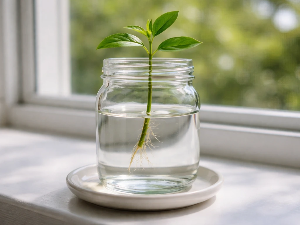 Clear glass jar on a windowsill with cuttings submerged just below leaves, showing water level in natural light