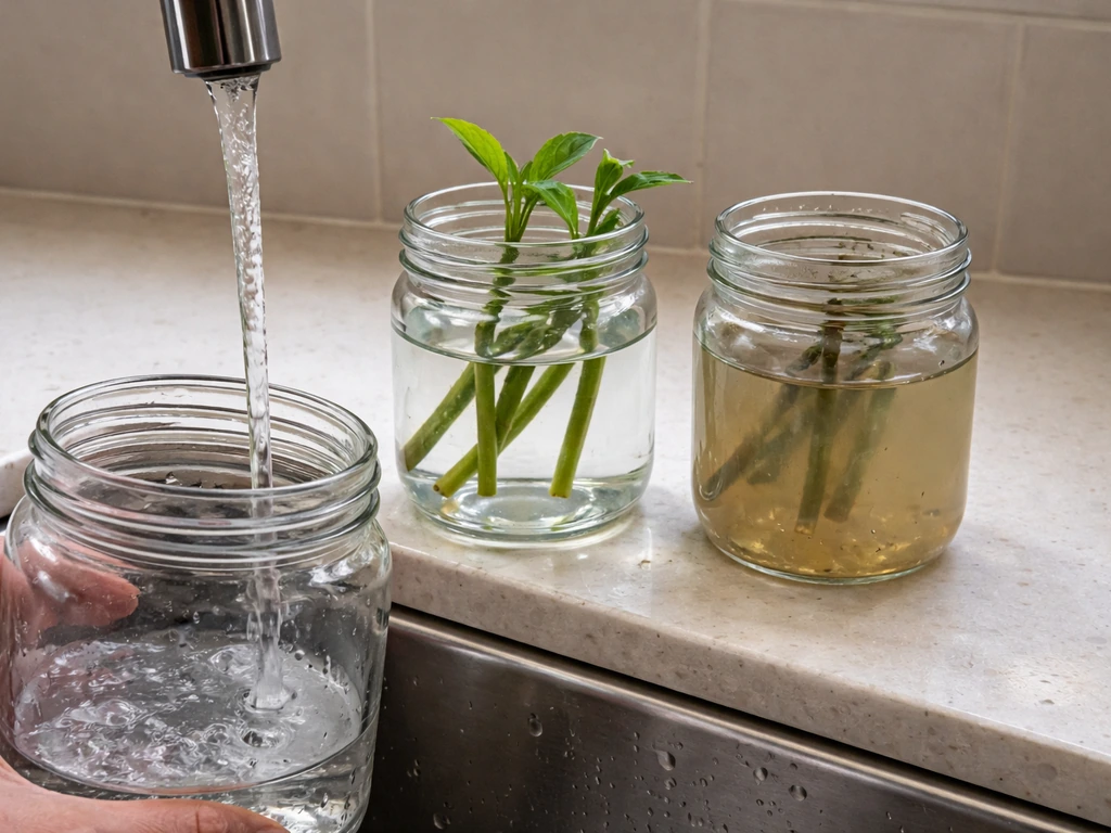 Fresh clear water in a jar, cloudy water in another, and a container being rinsed under a faucet.