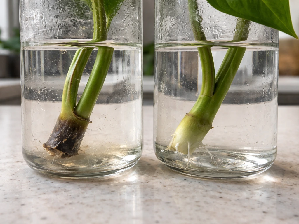 Two water-cuttings in jars: one rotting mushy base, the other healthy firm base in clearer water.