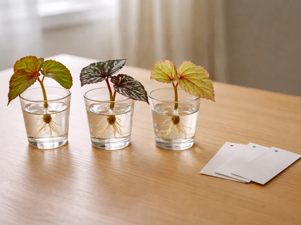 Three clear cups with begonia cuttings submerged in water, roots starting, simple comparison setup.