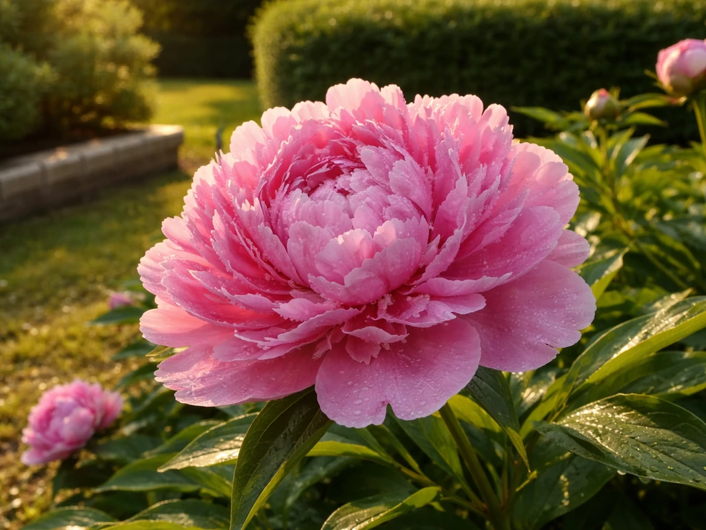 Close-up of a blooming peony in a warm late-spring southern garden with soft landscaping background.