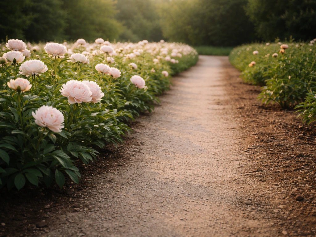 Peony plants in a simple garden scene, showing lush blooms on cooler side and sparser growth toward warmer soil.