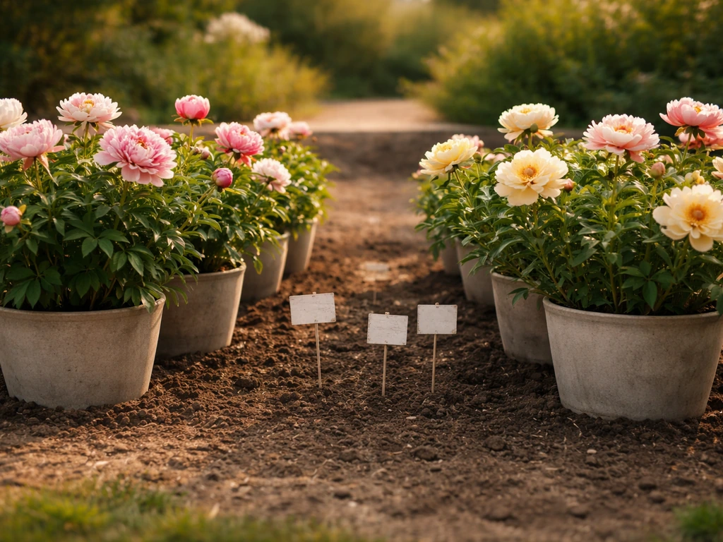 Minimal outdoor view of two rows of peony plants in pots with blank plant tags, warm southern light.
